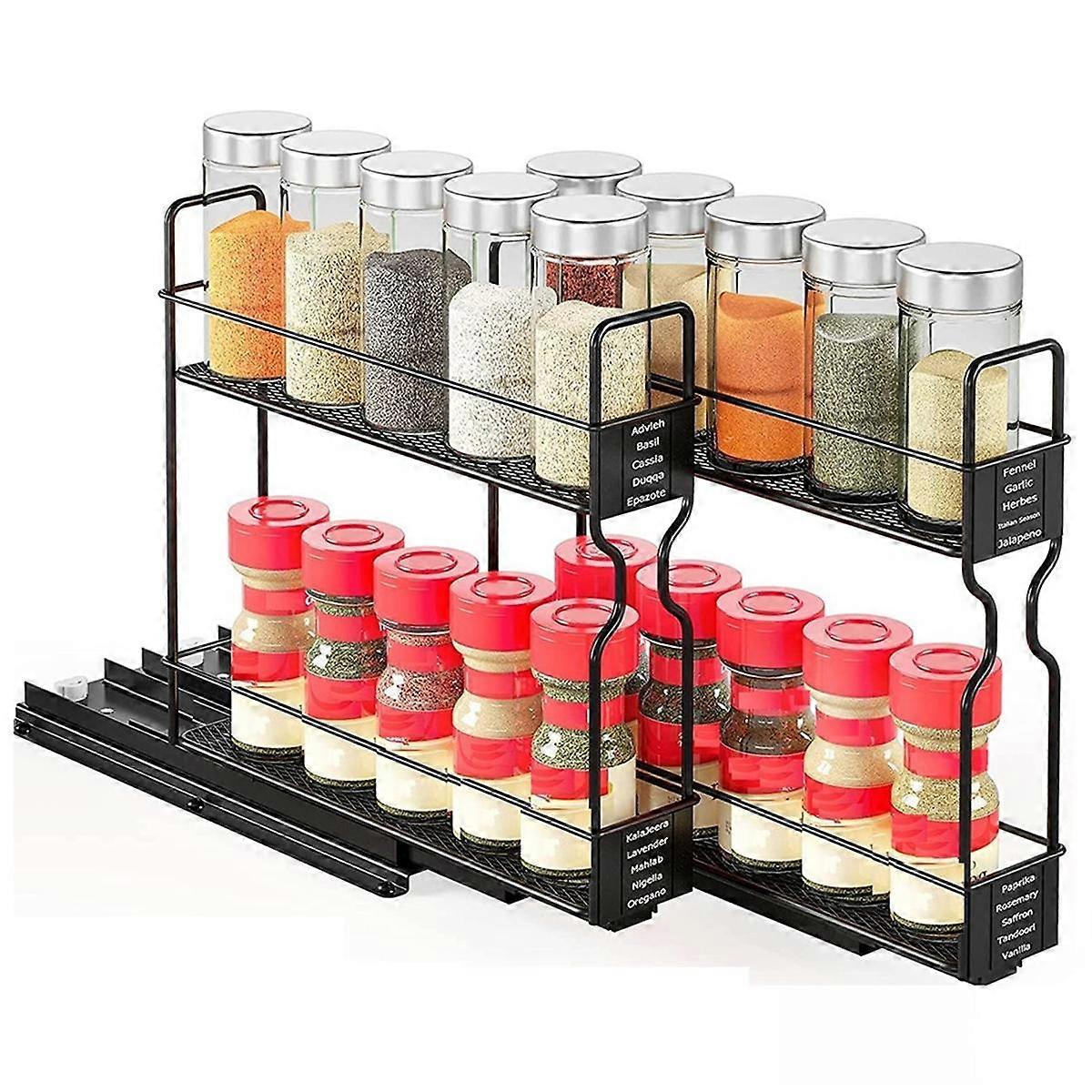 Spice Rack Organizer, 2-vånings utdragbart kryddställ för köksskåp, Spice Drawer Organizer Sh