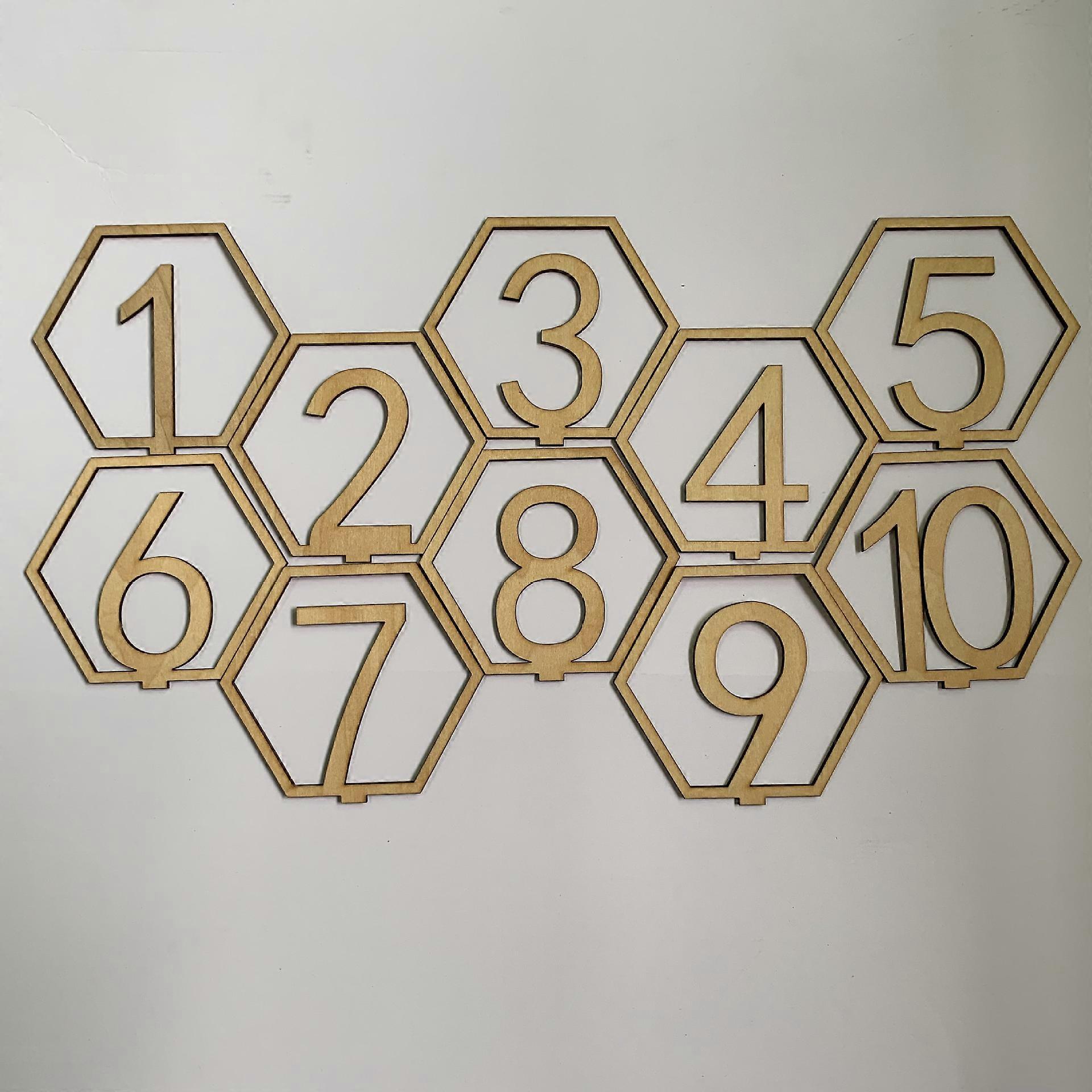 1-10 Wooden Table Number Plate, Hexagonal Hollow Table Number Card for Bar Wedding Party Decor