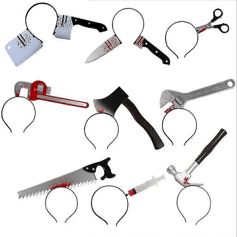 9 Pcs Halloween Horror Hair Bands Zombie Headbands Cleaver Axe Scissor Hammer Pattern Headbands For Halloween Carnival