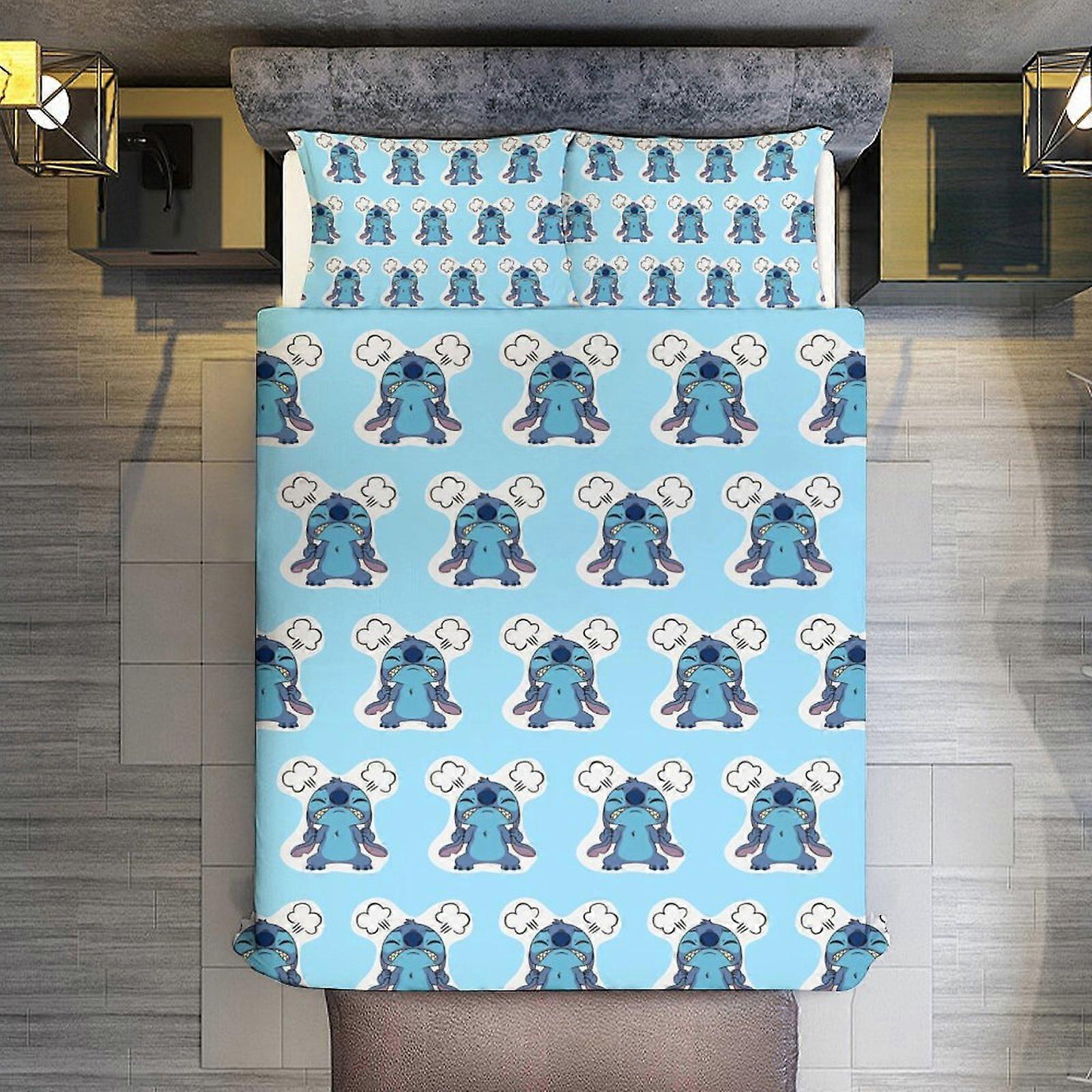 v3669 Lakan Sängkläder Stitch Angry 3 stycken påslakan set Full storlek Super Soft Fade Resistant Microfiber 1 överdrag med dragkedja och 2 örngott, E