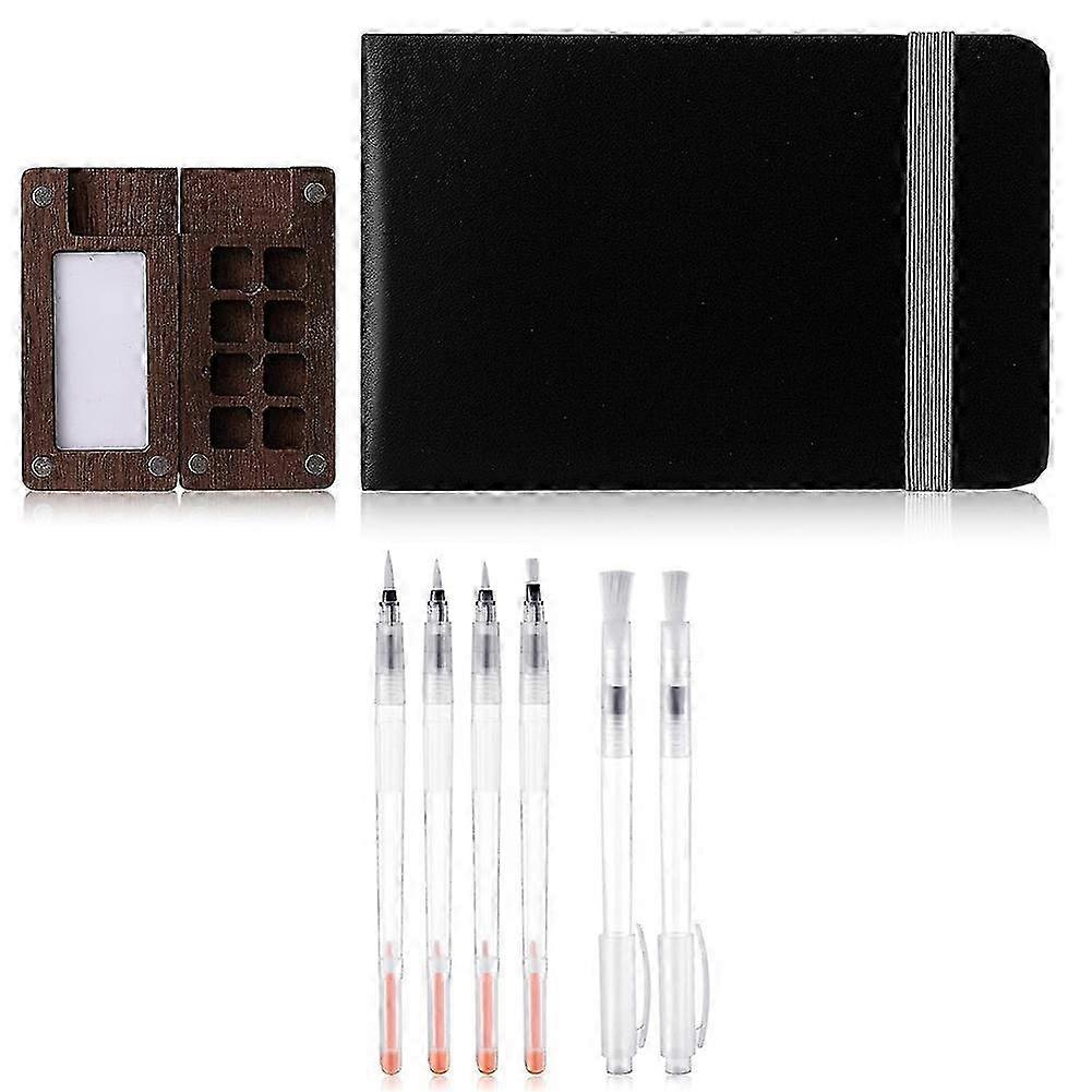مجموعة طلاء مائية محمولة صغيرة لوحة طلاء السفر صندوق طلاء شبكي خشبي ، وسادة ورق كراسة رسم بالألوان المائية للجيب