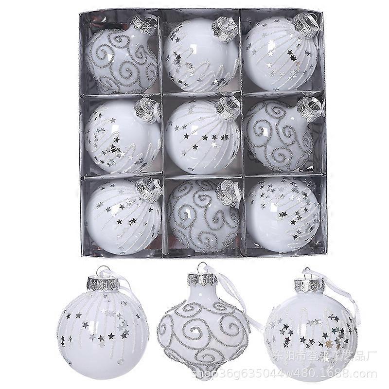 Hvite trykte julekuler, gavekuler, juletrepynt, anheng, forskjellige former, utsøkte stiler