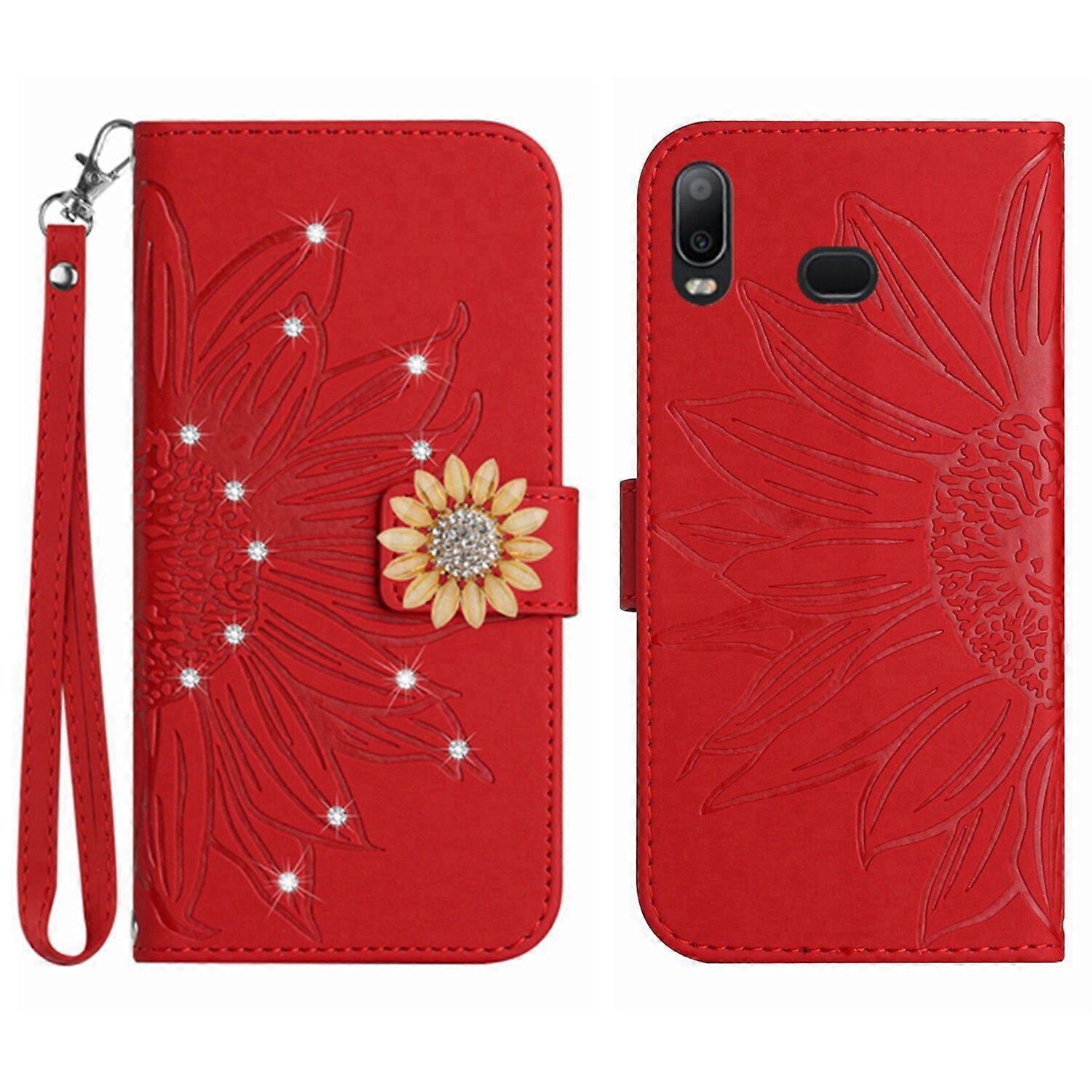 Compatible With Samsung Galaxy A10S Embossed Sunflower with Diamonds Magnetic Card Holder Wallet Phone Case with Short Strap