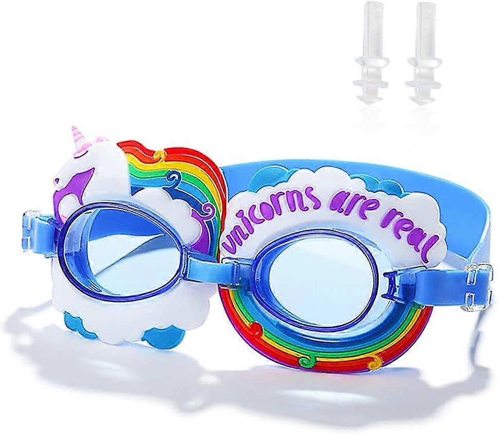 Kids Swimming Goggles, Anti Fog No Leak Anti-UV Pool Goggles with Earplugs, Cute Cartoon Swimming Goggles for Junior Boys and Girls 3-15 Years Old