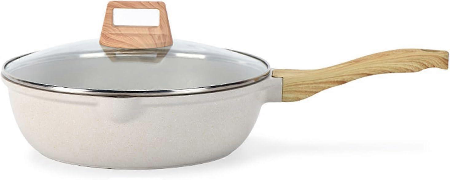 Poêle à frire antiadhésive de 11 pouces avec couvercle, revêtement en pierre et poignée en bois, compatible avec tous les poêles, y compris l’induction