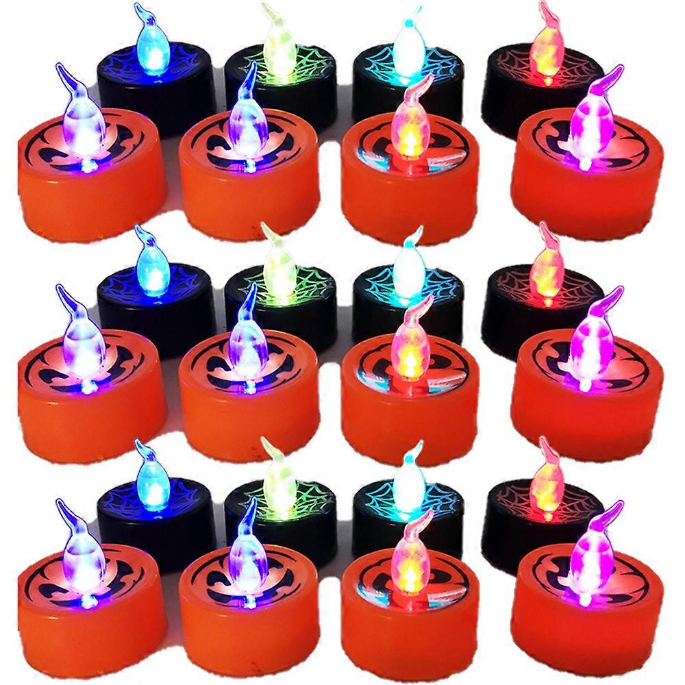 Flameless Candles Halloween Decorations - 24PCS Pumpkin Cobweb