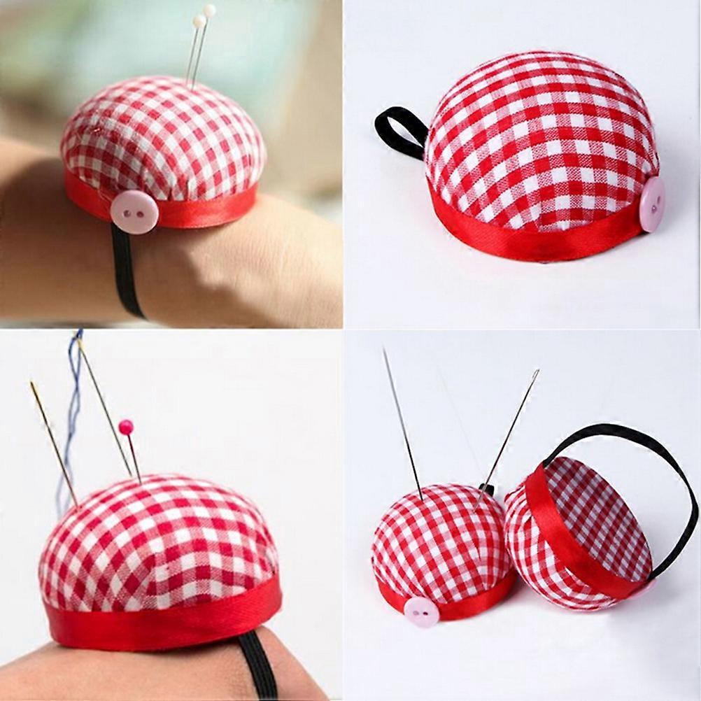 Red Plaid Grids Needle Sewing Pin Cushion Wrist Strap Tool Button Storage Holder
