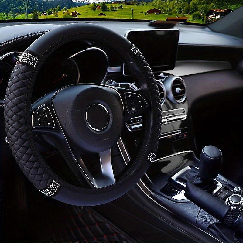 3pcs PU Leather Steering Wheel Cover Set - Embroidered with Artificial Diamond Glitter - No Inner Ring - Car Accessories