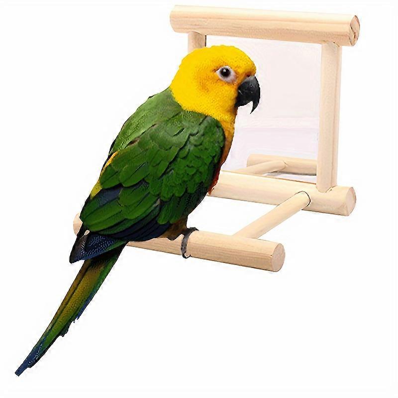 Wooden Bird Standing Perch With Mirror, Pet Bird Chewing And Perching Station, Grinding Claw Station, Solid Wood Bird Playing Supplies