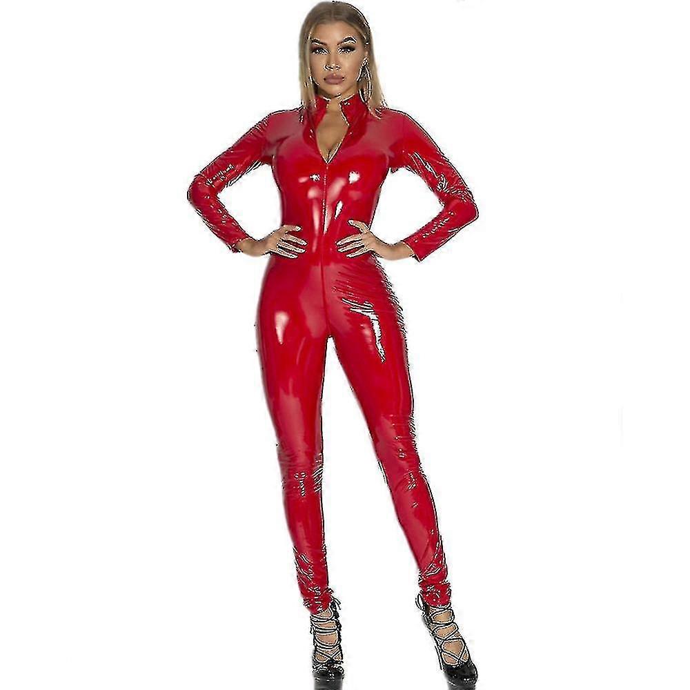 Sexy Lady Red Black Pvc Leather Latex Catsuit Open Crotch Elastic Wetlook Pu Lingerie Bodysuit Clubwear Overalls Erotic Jumpsuit