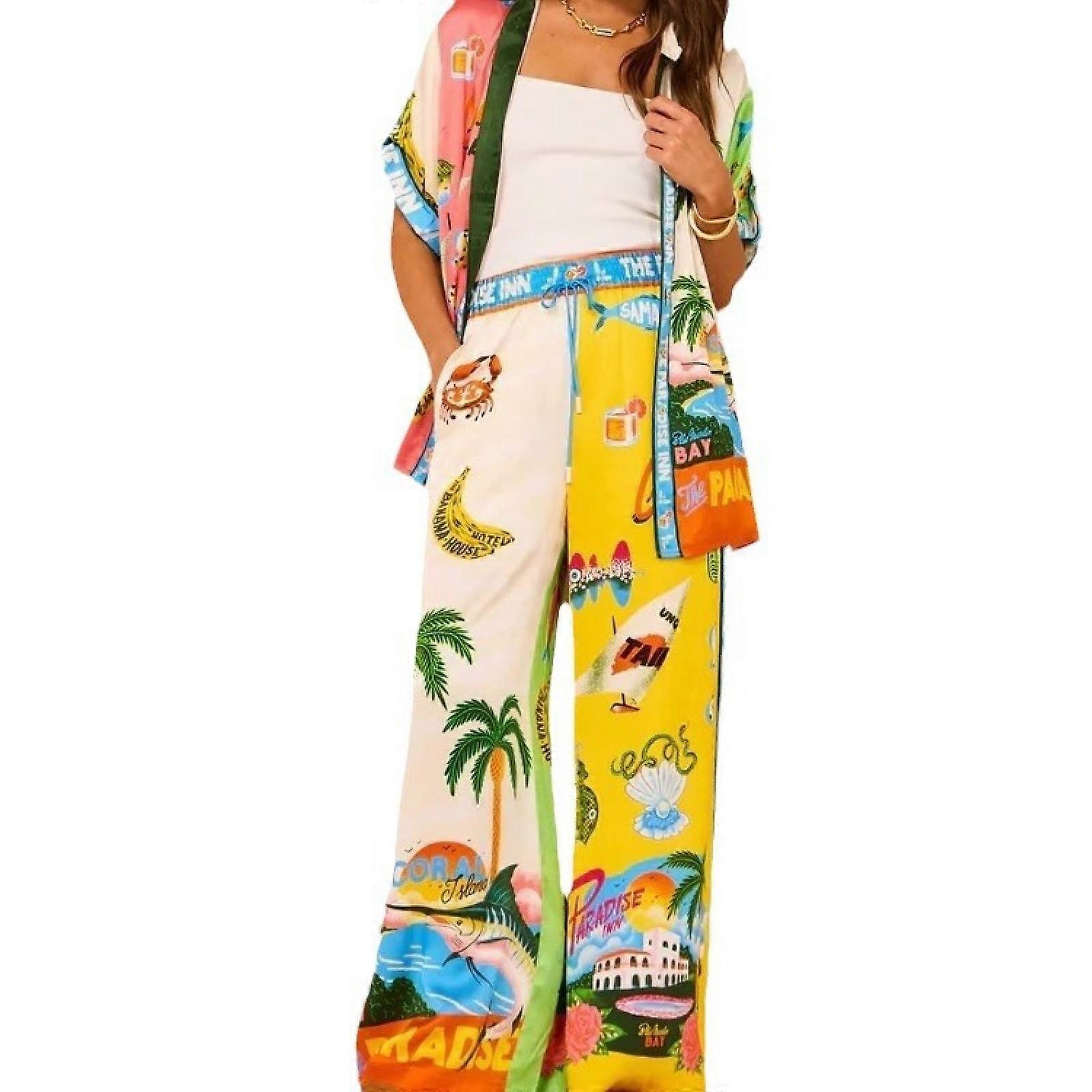 Women's Summer Printed Two Piece Pajama Set Short Sleeve Button Top Drawstring Pants Pajama Set -GSLA