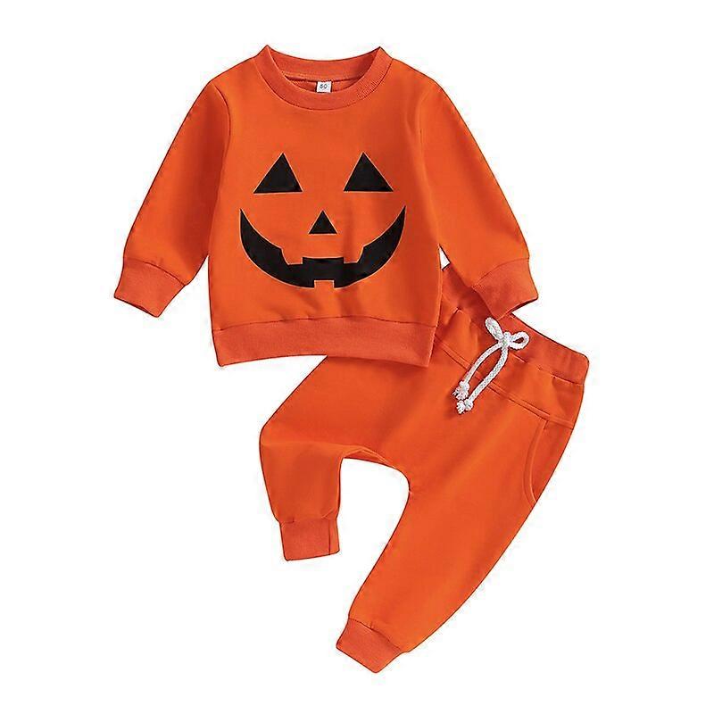 0610 04Years Toddler Boy Girl 2Pcs Halloween Outfits Long Sleeve Pumpkin Face Print TShirt Pocket Pants Set