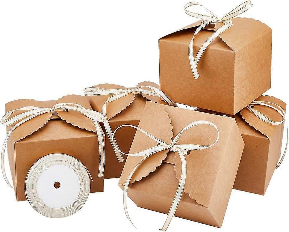 20Pcs Paper Gift Box Brown Kraft Paper Folding Box with Polyester Ribbon Roll Paper Cookie Boxes 12x12x9CM Square Paper Cookie Boxes for DIY Gift and