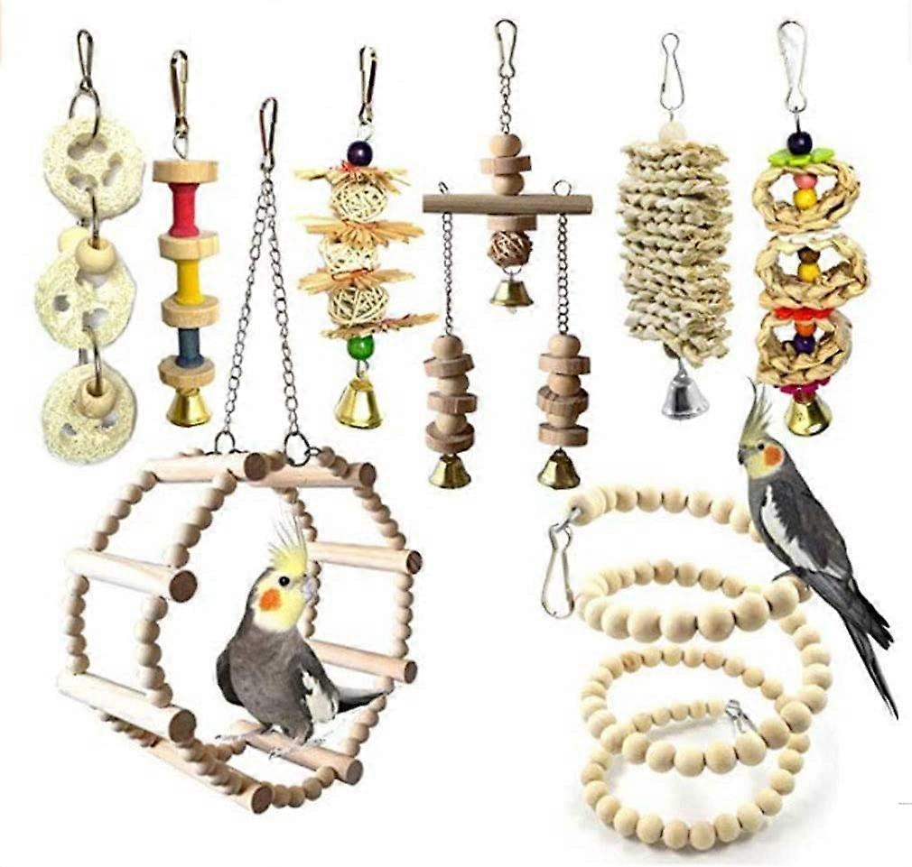 8pcs Bird Toys with Chew Toys and Perch Swings