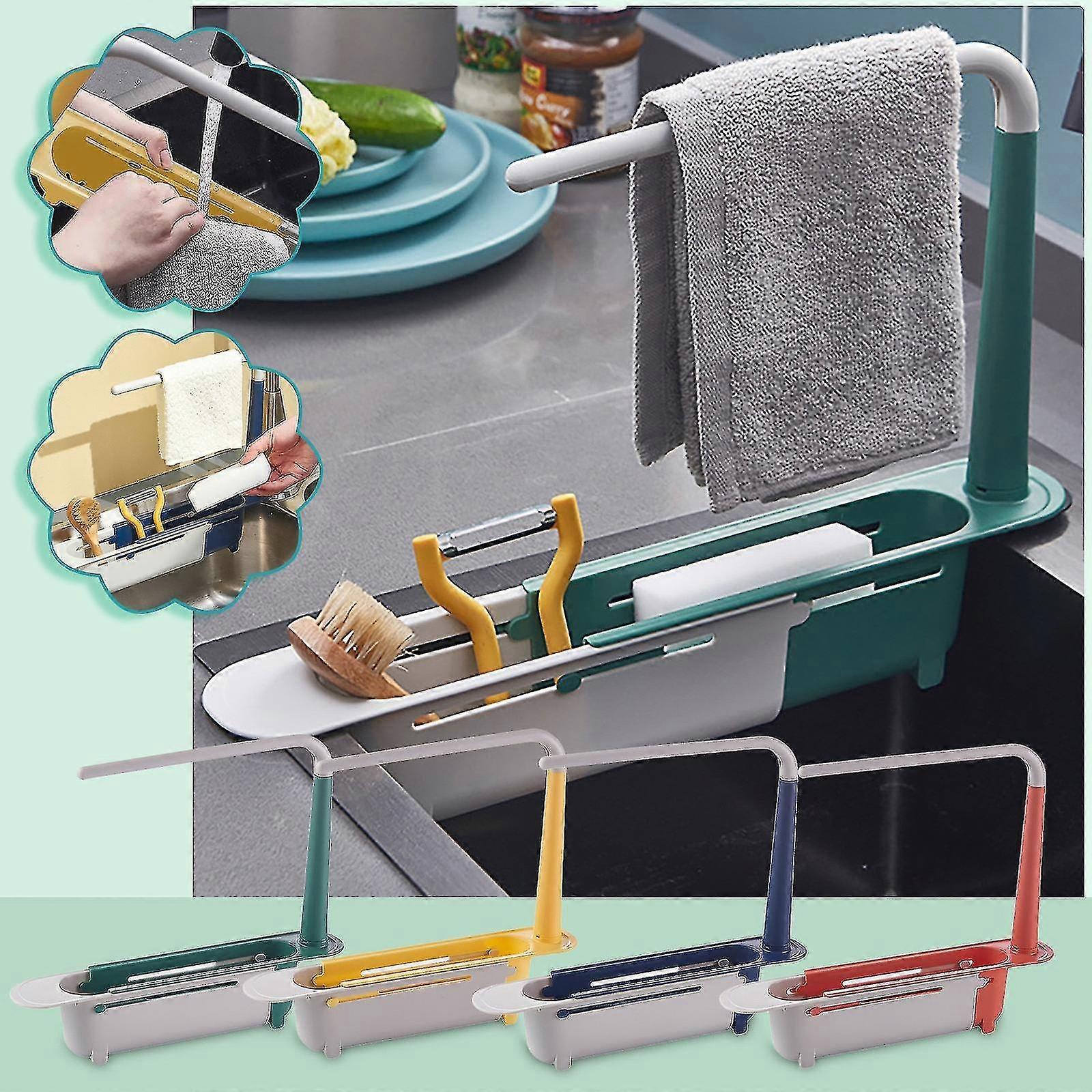Telescopic Sink Shelf Kitchen Sinks Organizer Soap Towel Sponge Holder Drain Rack Storage Basket Gadgets Accessories