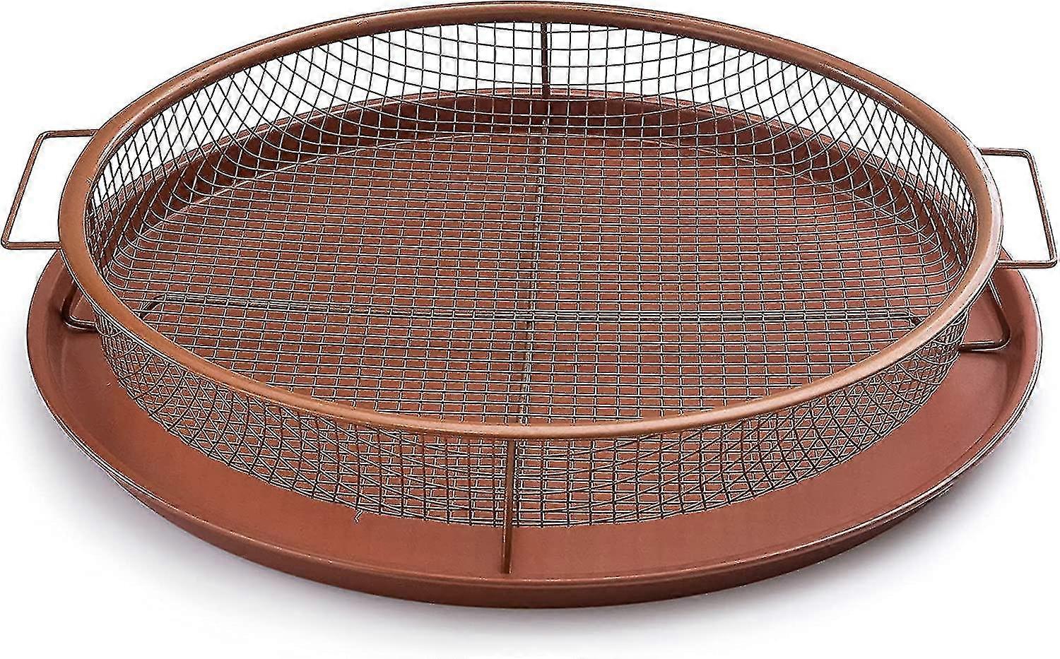 Round Non-stick Copper Crisper Tray Oven Baking Mesh Tray Rack 30cm Brown2pcs Set