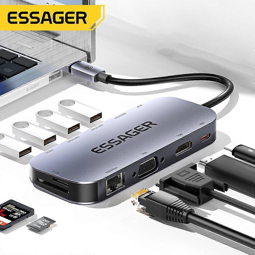 Essager 11 In 1 Type-c Docking Station 3*usb 3.2 Gen1 5gbps Hdmi 4k@30hz Vga Rj45 1000mbps Pd Charger Usb Hubs 100w For Macbook Air Pro Adapter Splitt