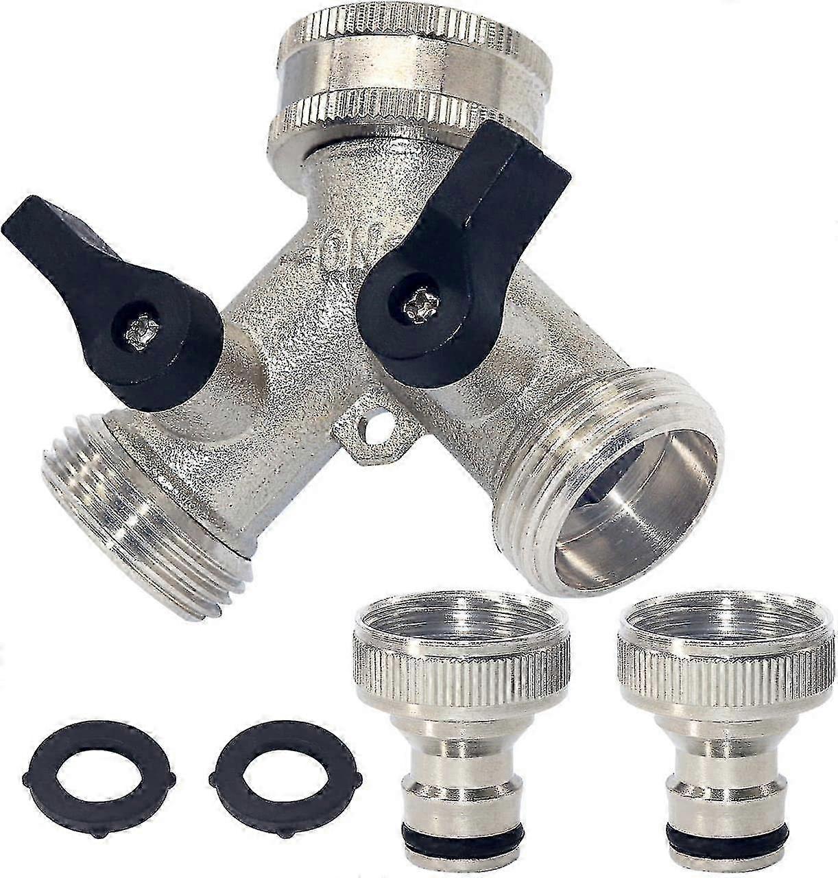 2 Way Garden Hose Splitter, 2-way Tap Connector With Individual On/off And Two Quick Connector, 3/4" Tap Y Splitter Brass Hose Connector - Silver