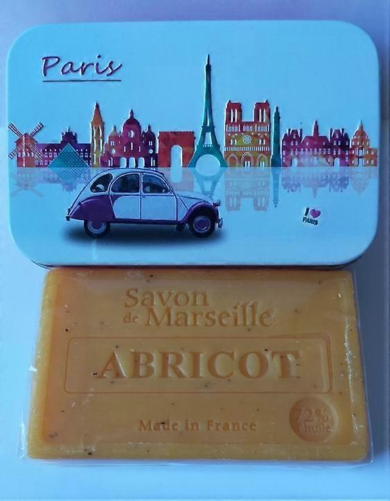 Metal soap tin with print Paris with Marseille soap Apricot 100 grams