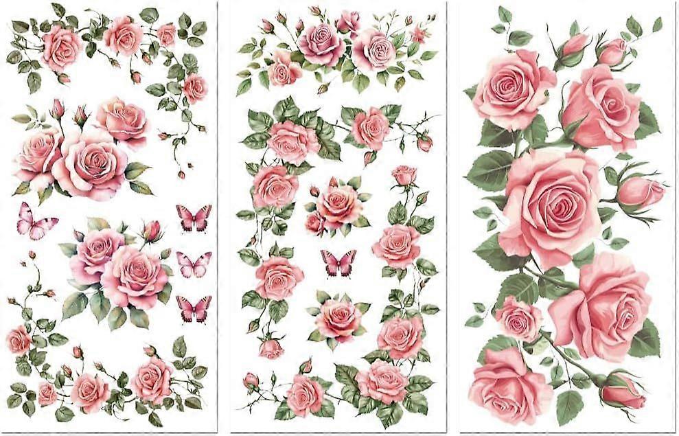 Rub on Transfer Sticker for Furniture Crafts Decor 6"x12" Pink Rose Vine 3Pcs Waterproof UV DTF Transfer Sticker for Lingerie Chests Drawer Dresser Gl