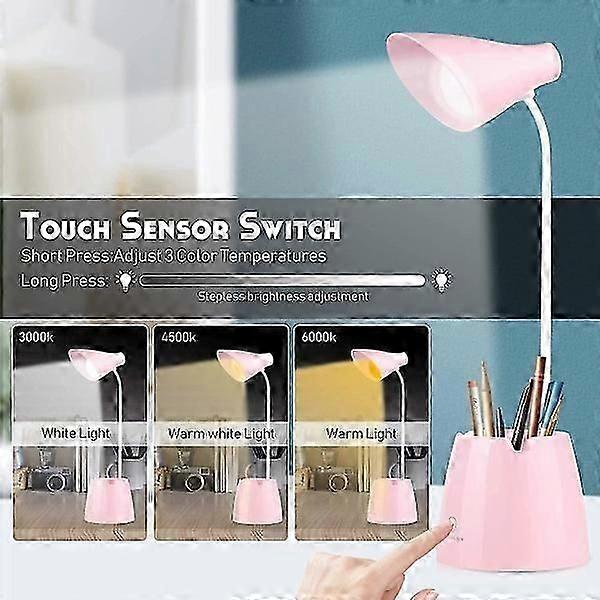 Dimmable Led Table Lamp - 24 Leds - Eye Friendly 3 Brightness Levels - Usb Rechargeable - Touch Switch - Desk Lamp For Kids - Reading, Studying - Pink