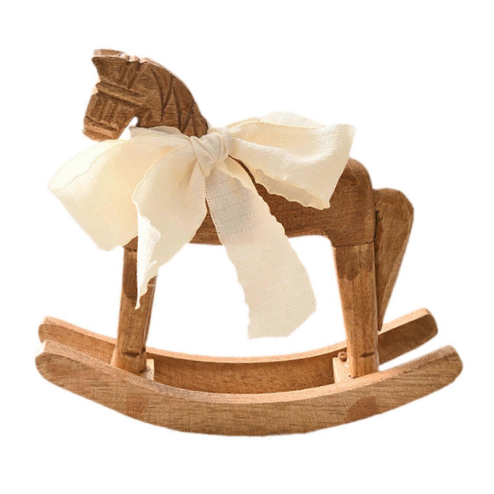 Simple Design Wooden Rocking Horse Figurine with White Ribbon for Home Nursery Table Decoration and Collectible Display