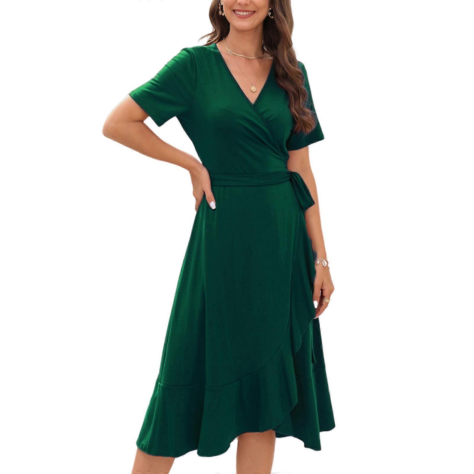 Damen Kleid mit V-Ausschnitt Weiblich Kurzarm Midikleid All-Match-Sommerkleid Hochtailliertes Urlaubskleid Einfarbiges Kleid Grün XL