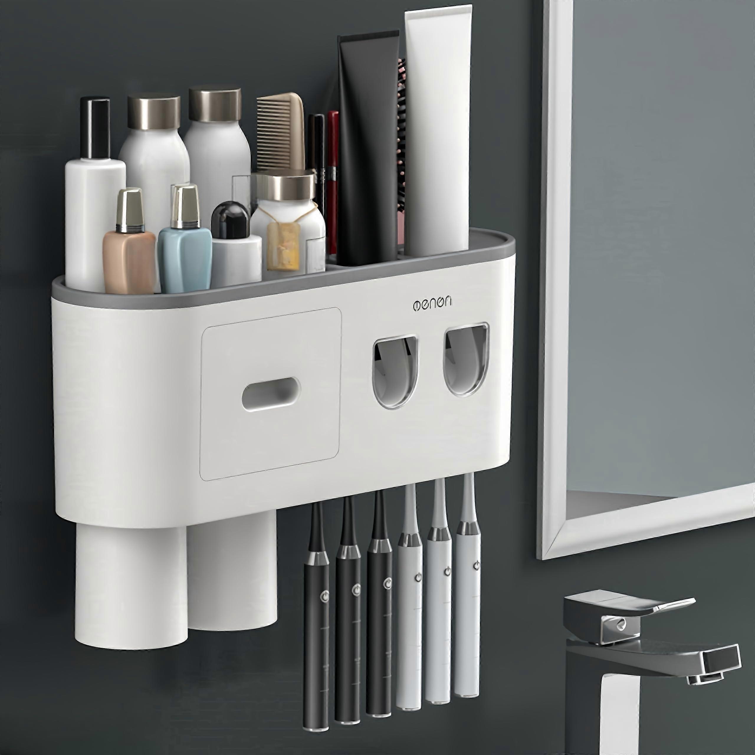 Automatic Toothpaste Dispensers and Toothbrush Holders Set for Bathroom Shelf, No Wall Drill, Large Capacity Storage