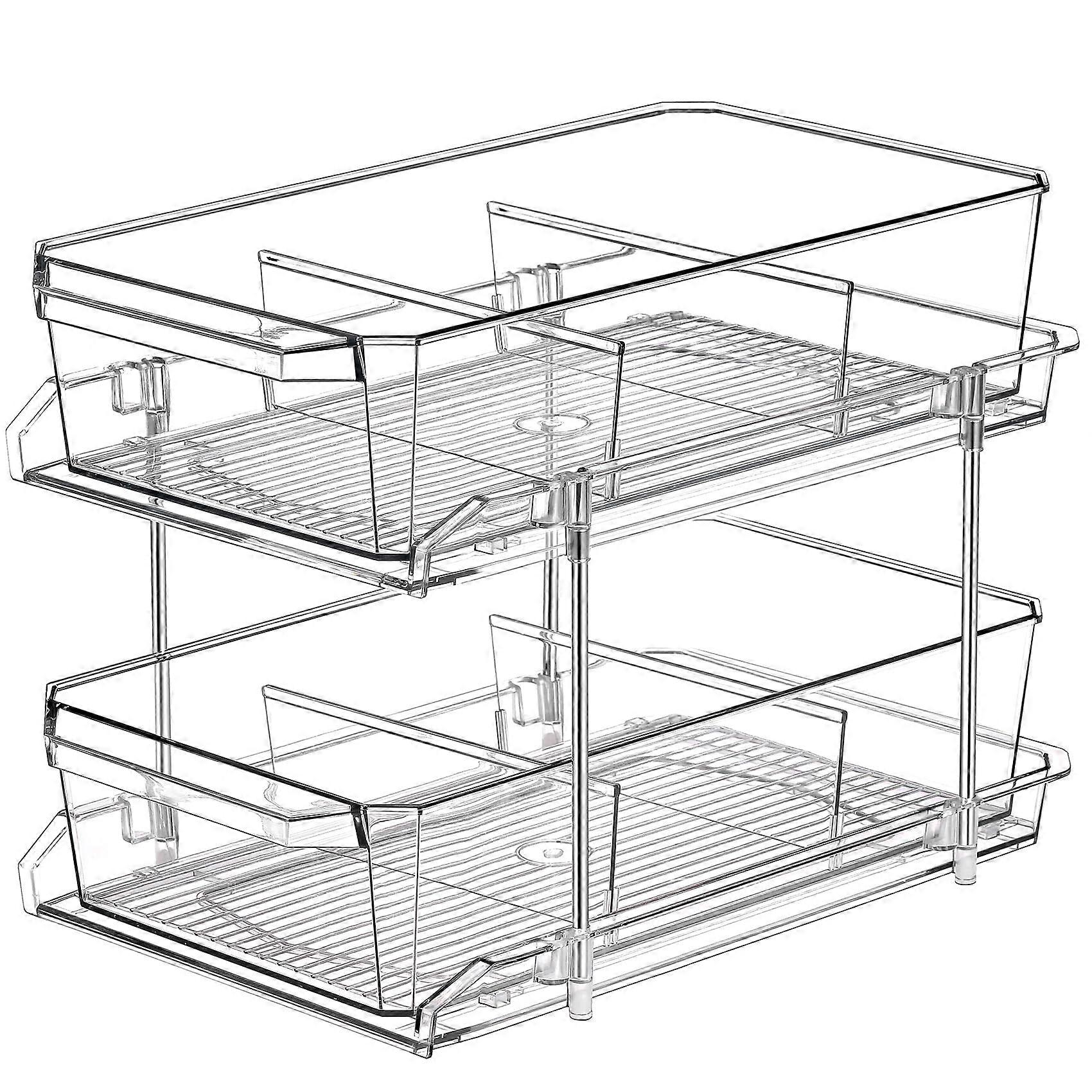 2 Tier Clear Organizer with Dividers - Multi-Use Slide-Out Storage Container for Kitchen, Pantry, Bathroom, Vanity, Under Sink