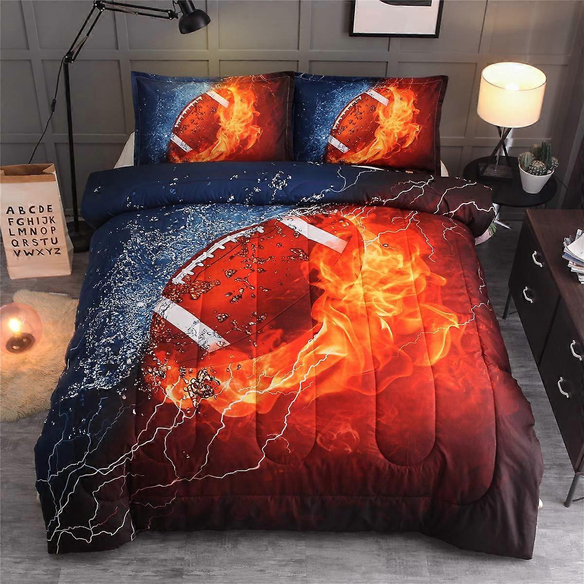 Football Comforter Sets Twin Size for Boys, 3-Piece Reversible Sports Bedding with Rugby Print Comforter and 2 Pillowcases