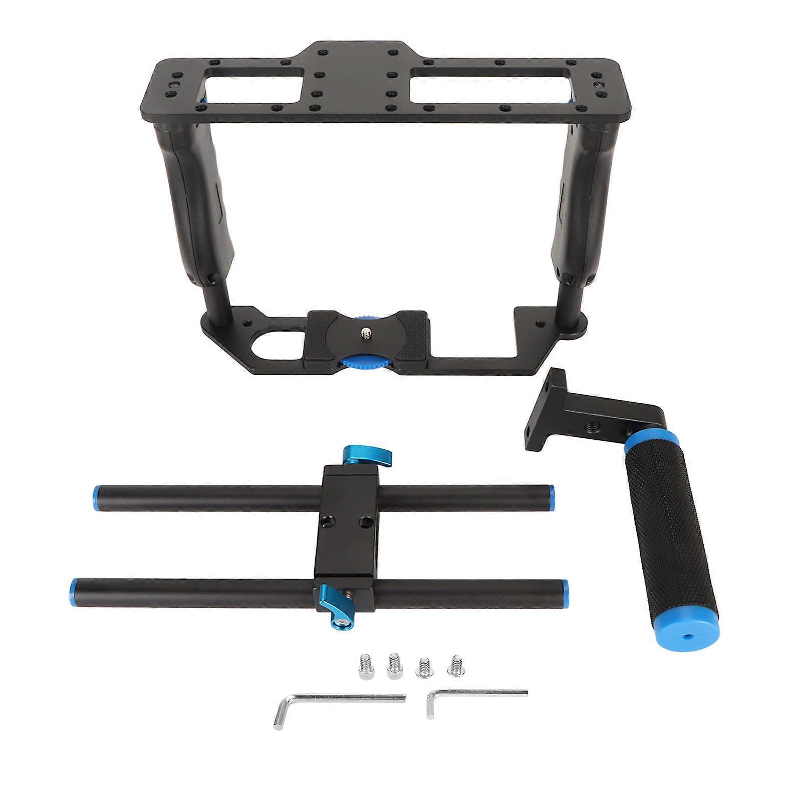 Universal Aluminum Camera Cage Kit with Dual 15mm Rods and Top Handle for Filmmaking