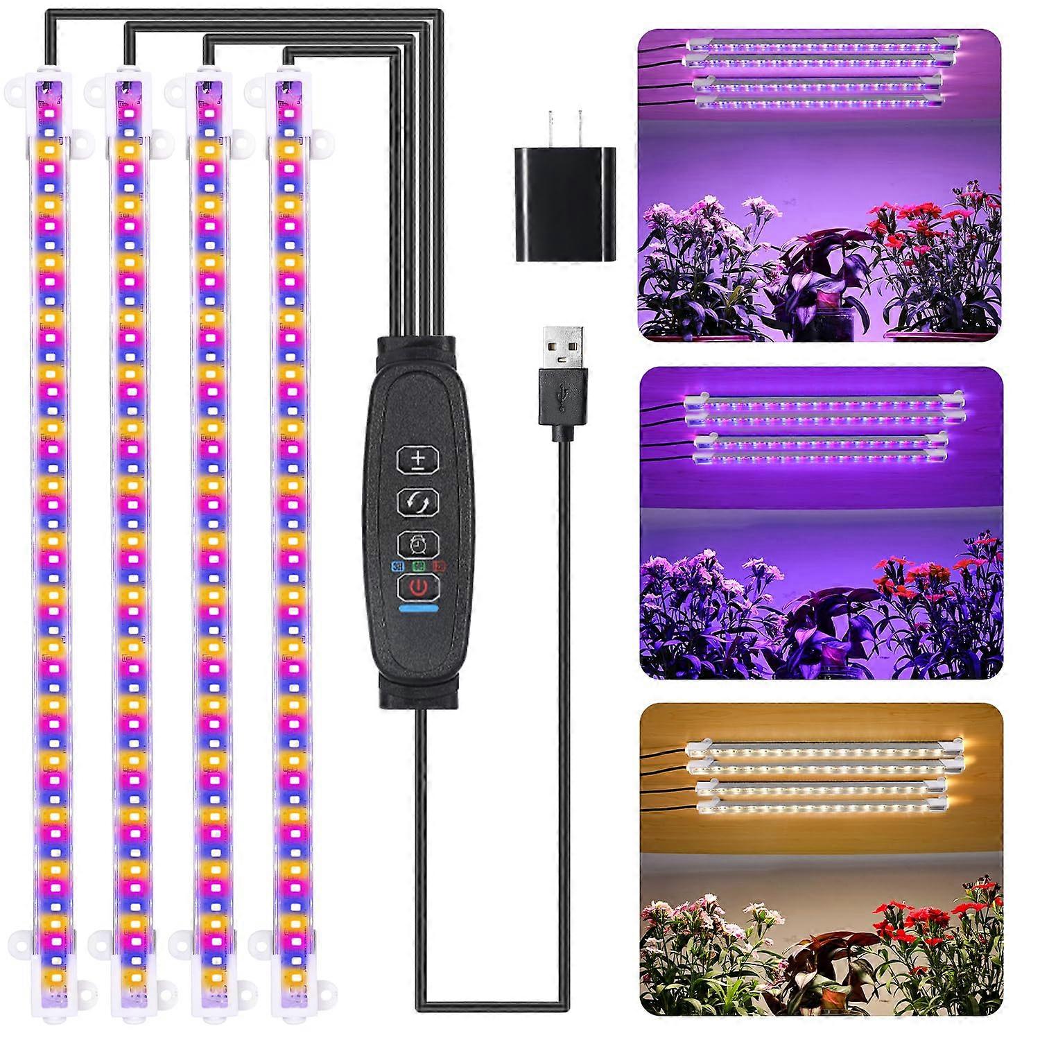 Four Strip Growing Lamp for Indoor Plants - Dimmable Full Spectrum LED Light with Timer, Red Blue Yellow Colors