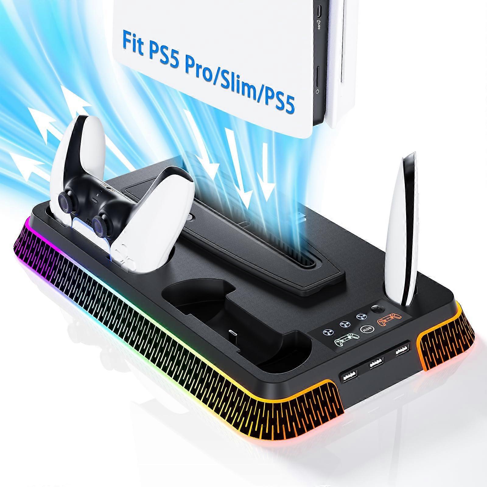 PS5 Cooling Station with Dual Charging Station, RGB Turbo Fan Stand for PS5 Pro, Compatible Accessories