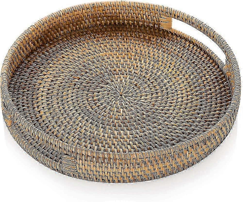 Hand Woven Wicker Serving Tray With Handles 30cm Rustic Decorative Tray Suitable For Various Decor Styles