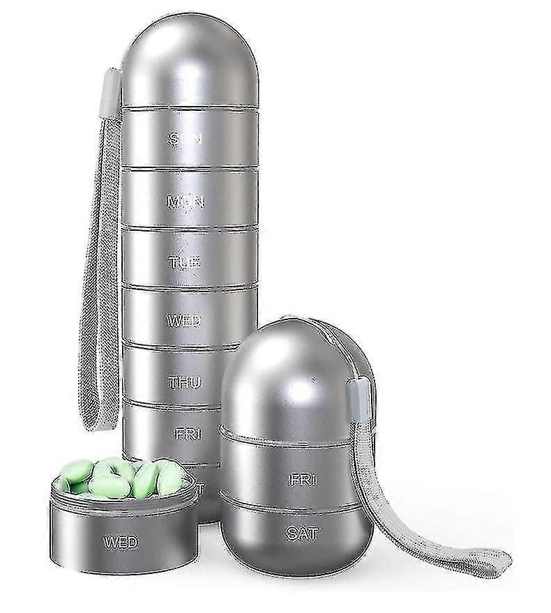 Metal Moisture Proof Weekly Pill Organizer, Stackable 7 Day Travel Case - Gray