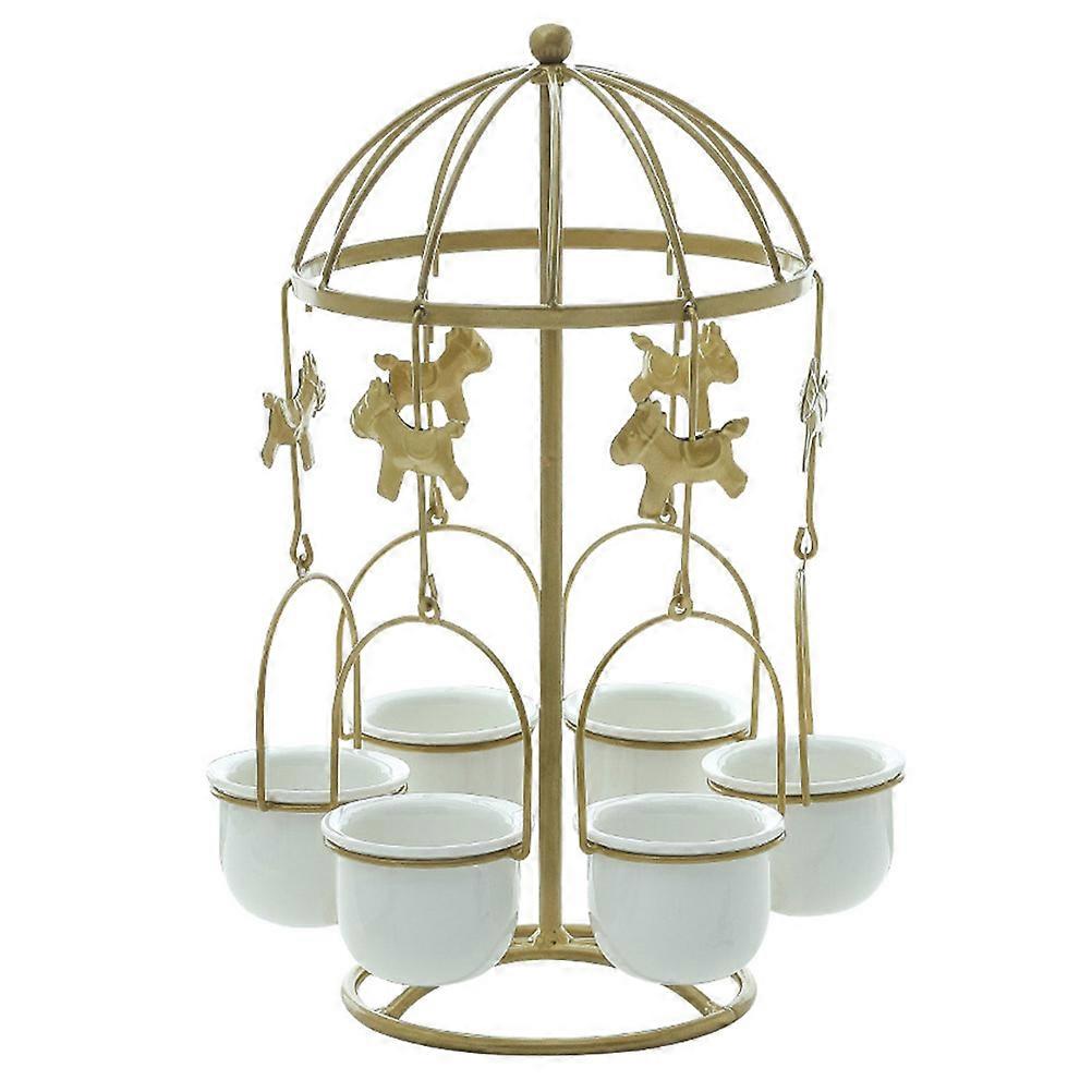 Succulent Planters Set Delicate Carousel Wrought Iron Frame with Elegant Ceramic Containers for Home, Desk, Bookshelf and Room Decor