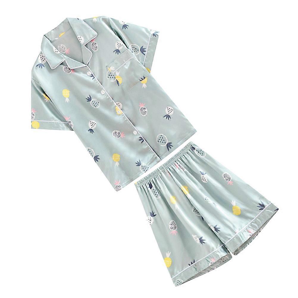 Ladies Pajamas Sets Nightgown Short Sleeved Shorts Polyester Simple Design Size XXL Blue 1Set