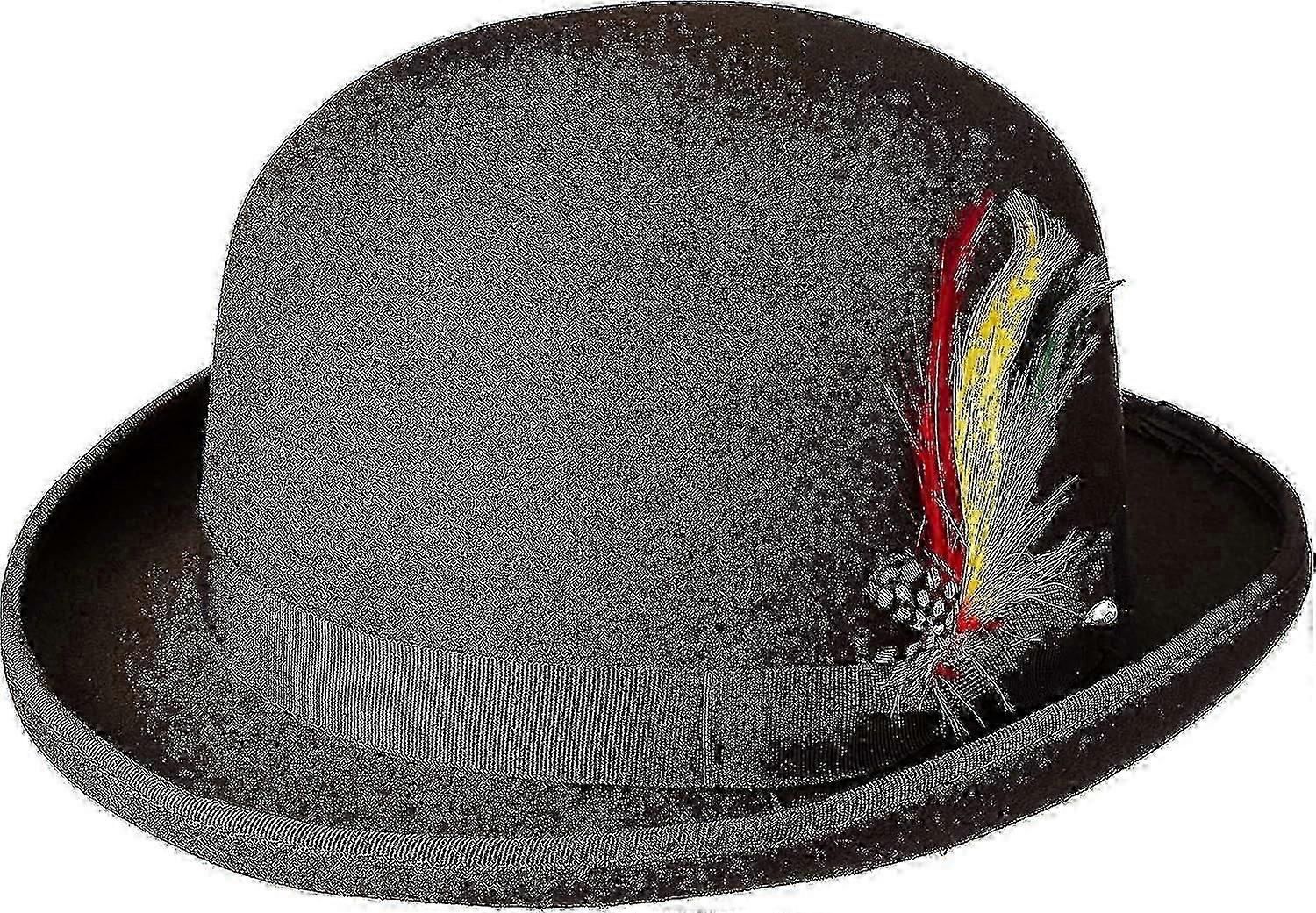 Unisex Hard Top Wool Bowler Hat With Feather Satin Lined Sizes S To Xl