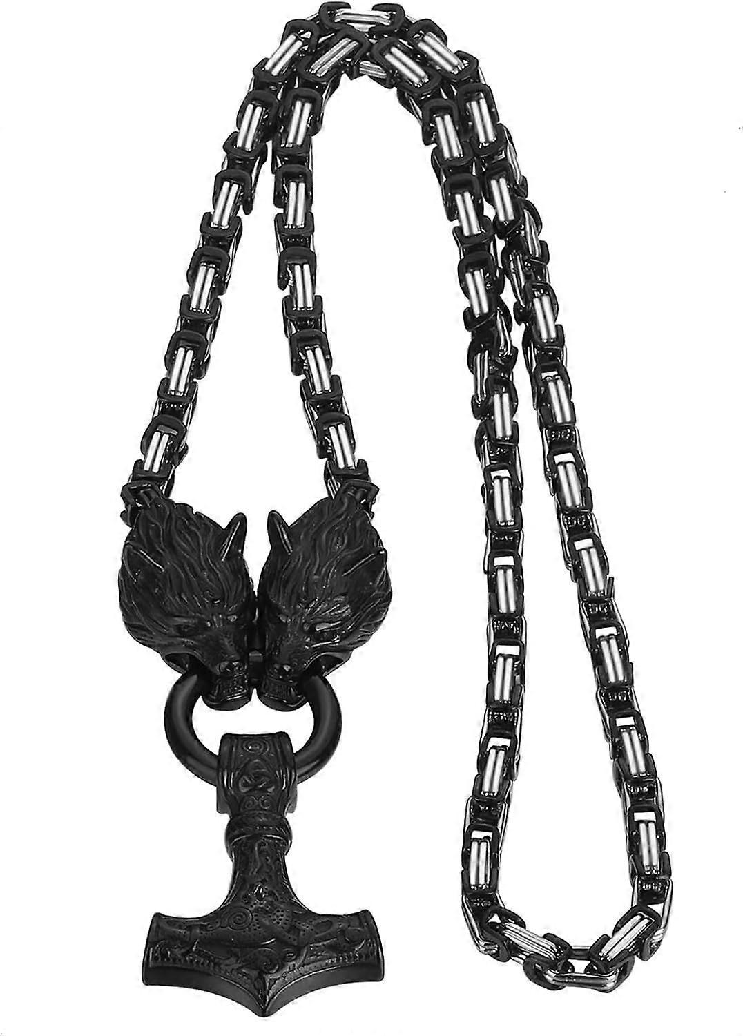 Viking Mjolnir Necklace with Wolf Head  22" Steel Chain