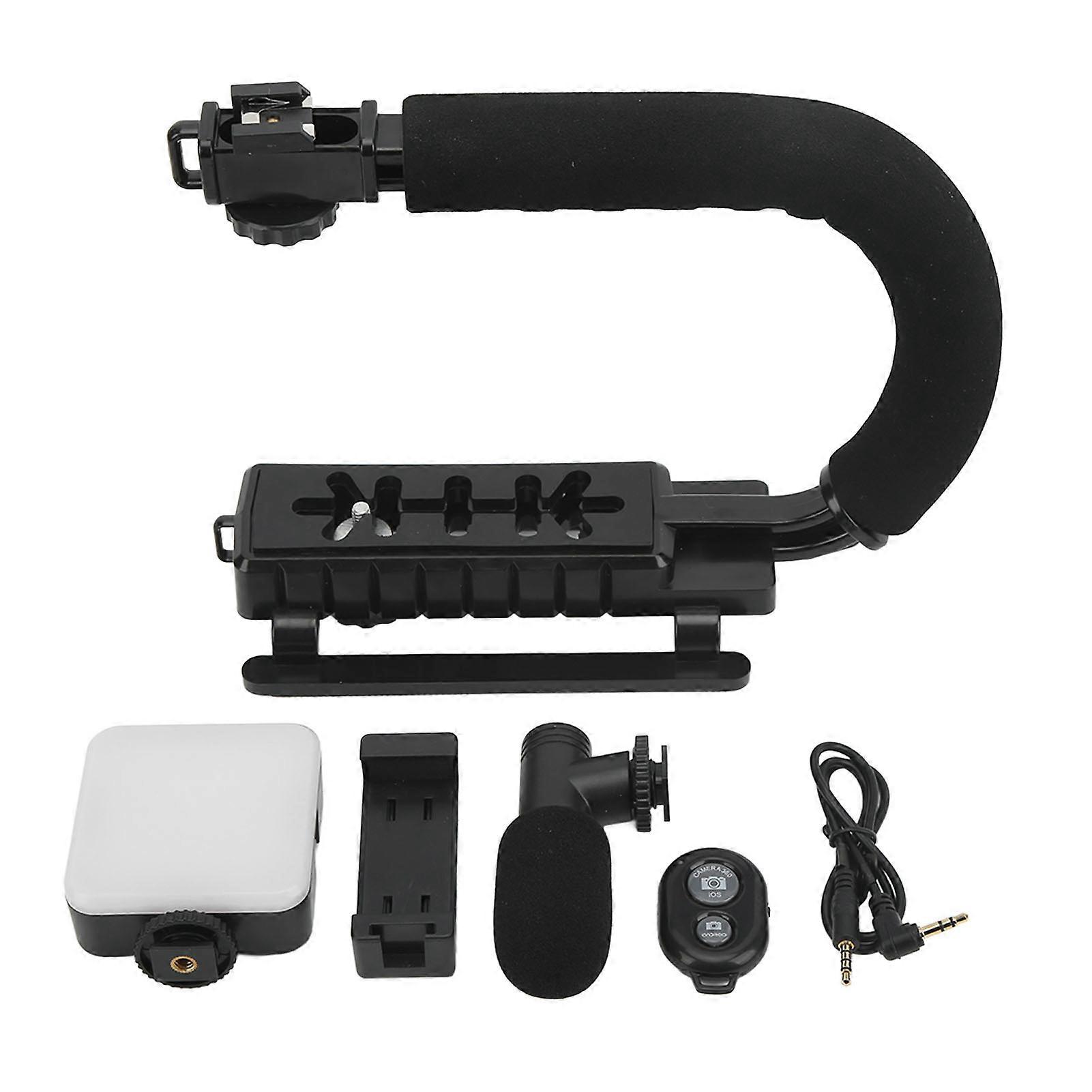 Handheld U Grip Phone Camera Stabilizer Camera Stabilizer with Microphone LED Fill Light Hot Shoe Mount for Camera Phone