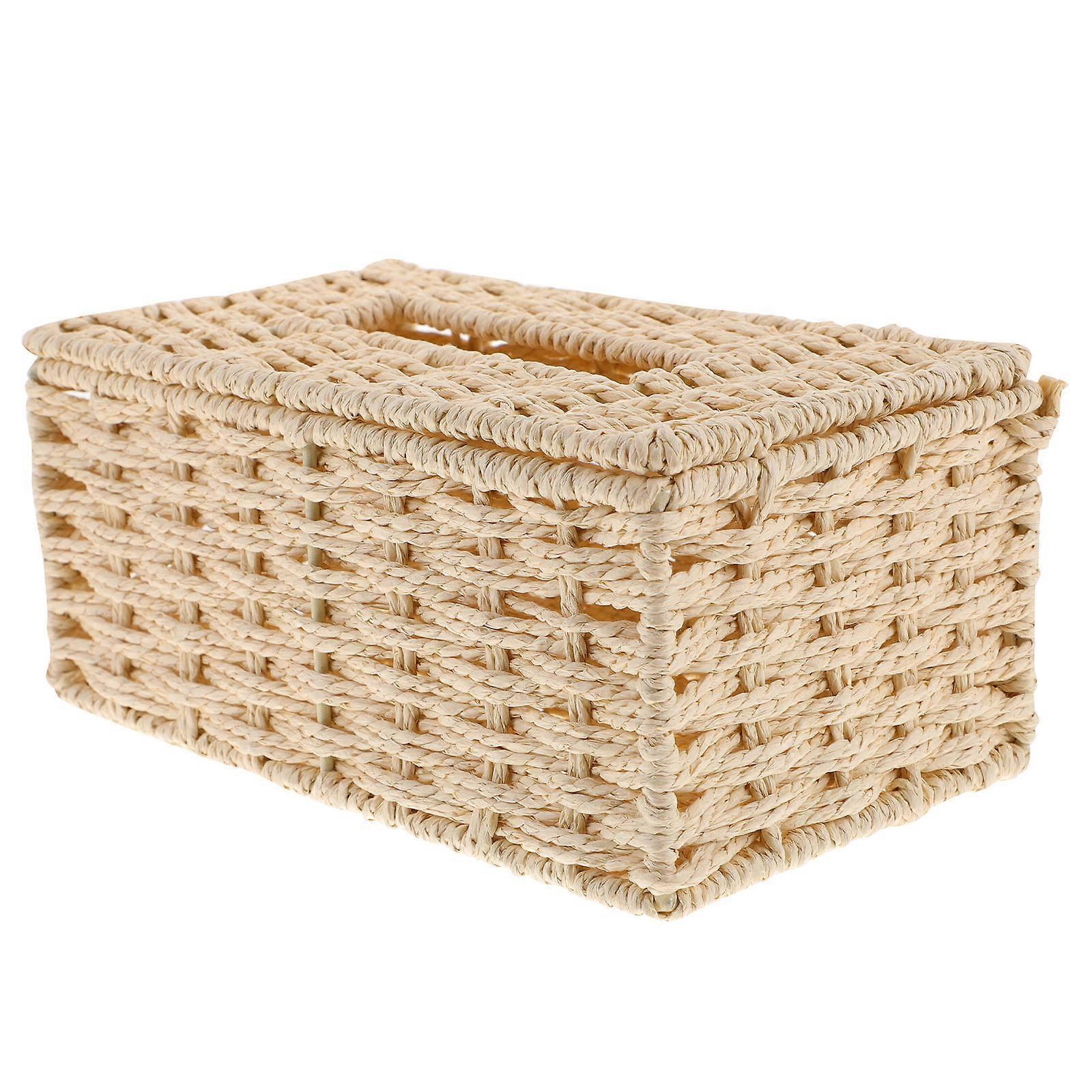 Rustic Rattan Tissue Box Holder with Handwoven Paper Rope Storage Basket for Desktop Use – Elegant and Practical Tissue Organizer