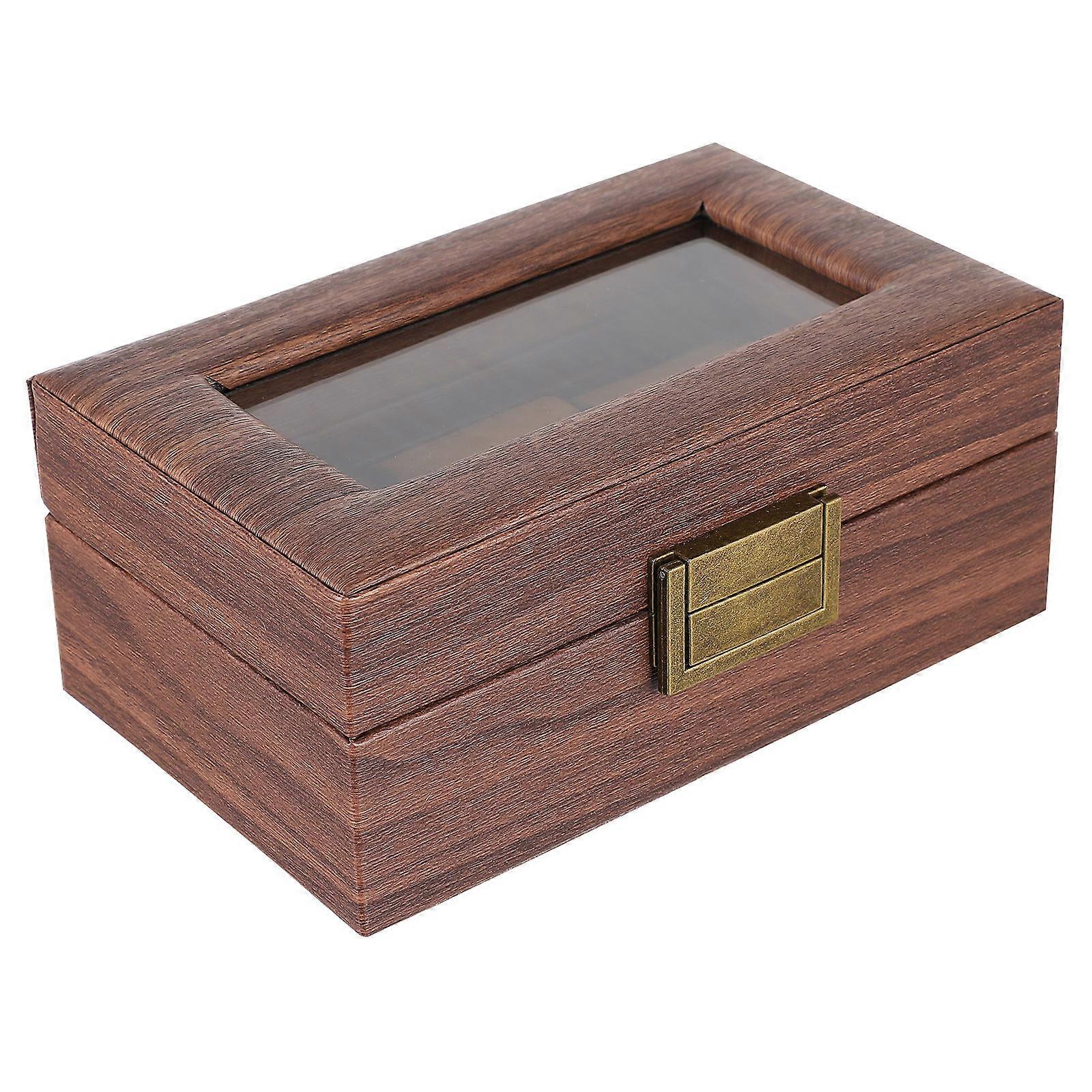 Wood Grain Jewelry Watch Storage Box With 3 Grids Design For Home Use Or Travel In Light Brown Color With Portable Functionality 1Pack