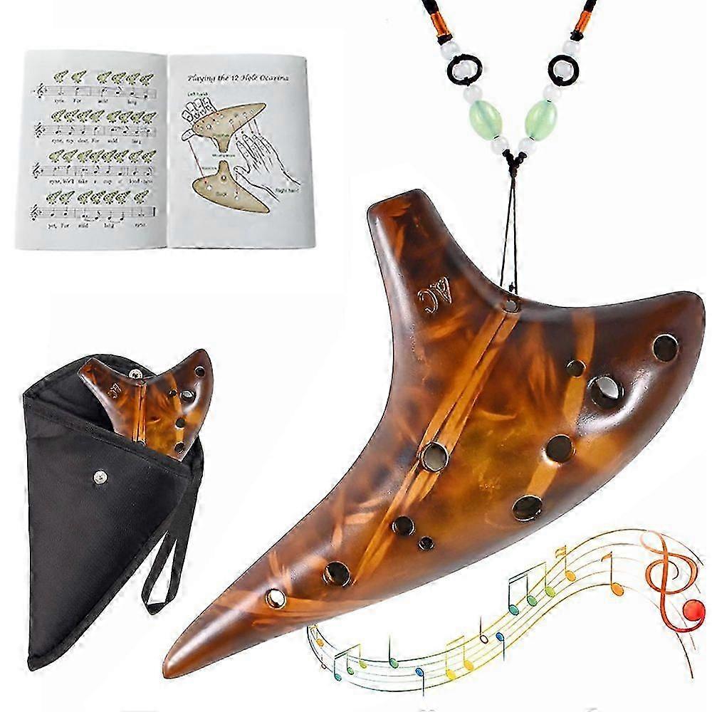 Ocarina, Noonedibs, 12 holes, easy to learn, for beginners, wind instrument, hanging string, sheet music, ceramic, with box