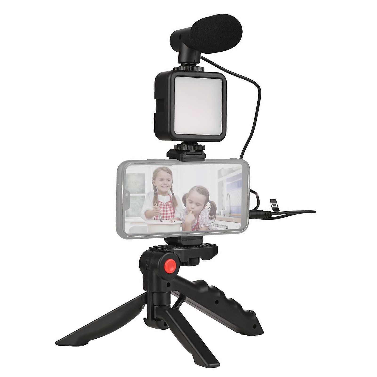 Smartphone Vlog Kit with Mini LED Video Light, Cardioid Microphone, Adjustable Brightness, Extendable Phone Clip for Streaming and Selfies