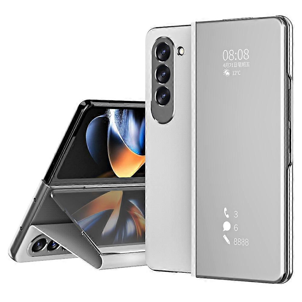 For Samsung Galaxy Z Fold5 5G Mirror Surface Phone Case PU Leather Stand Electroplating Cover - Silv