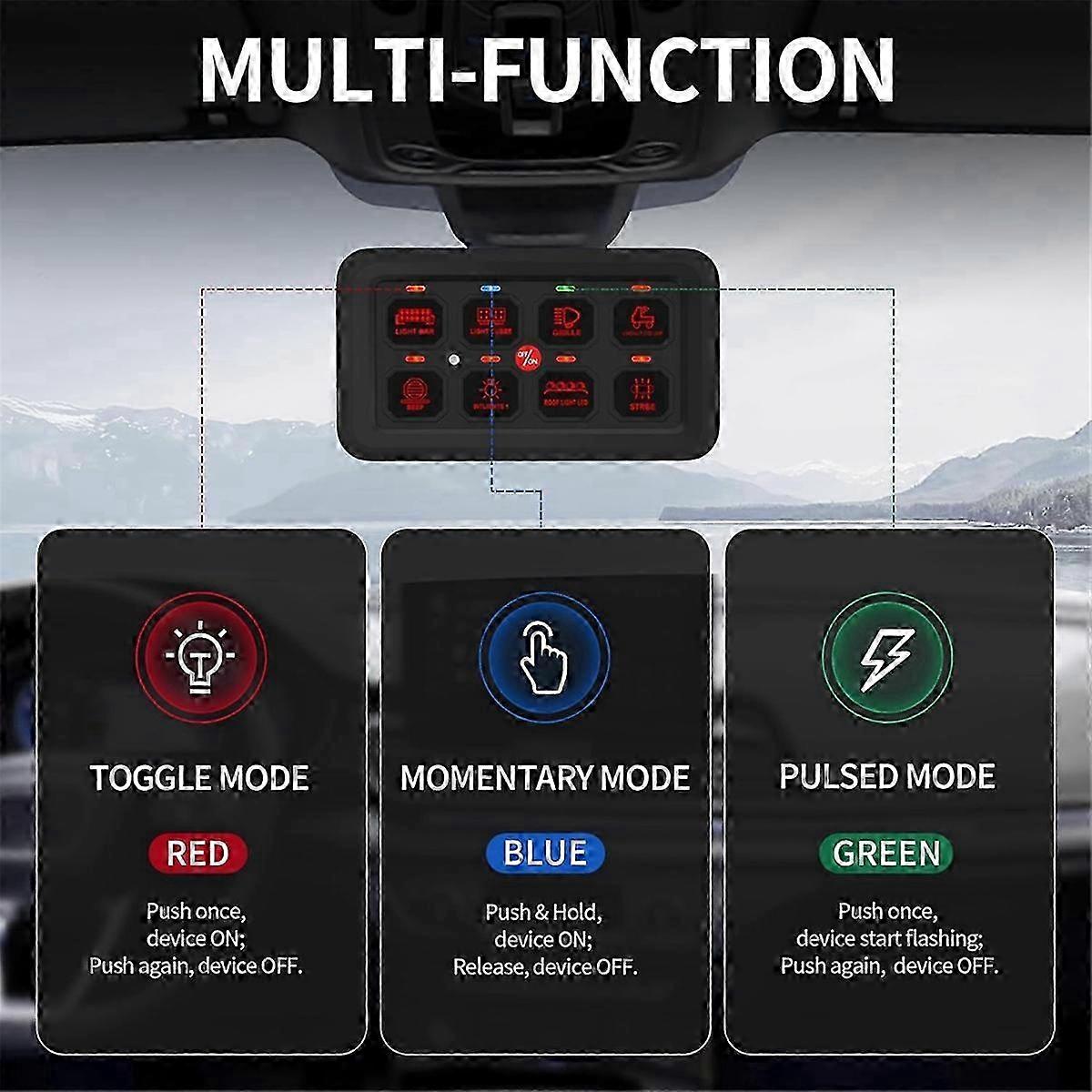 RGB LED 8 Gang Switch Panel with Multifunction Touch Control - Toggle, Momentary & Pulsed for Various Devices