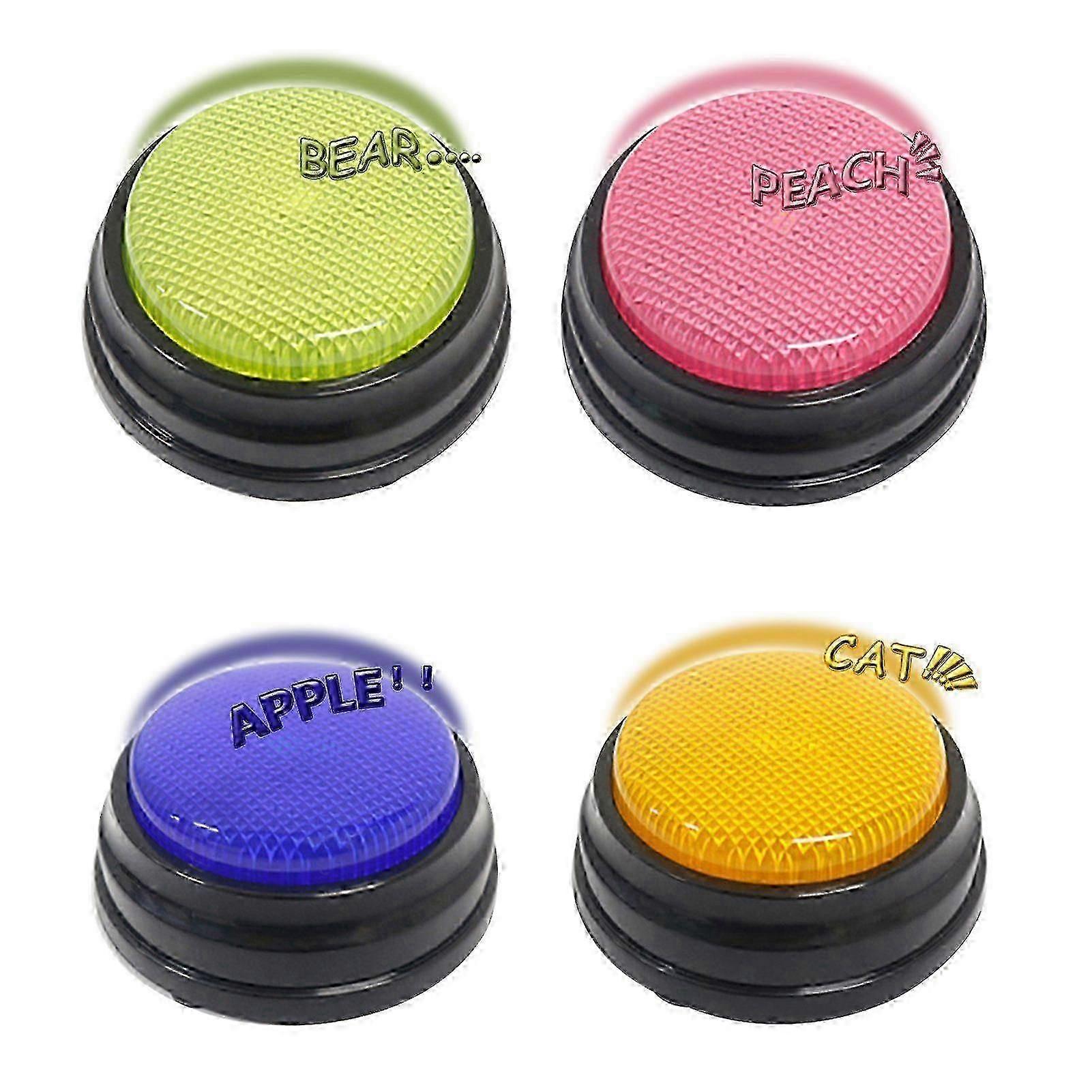 A pink recordable talking button with an LED function, a learning resources buzzer.