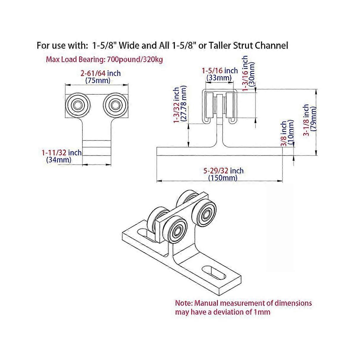 2Pcs 4 Wheel Trolley Assembly,for 1-5/8In Wide and All 1-5/8In or Tallers Strut Channel,Load 900 Po