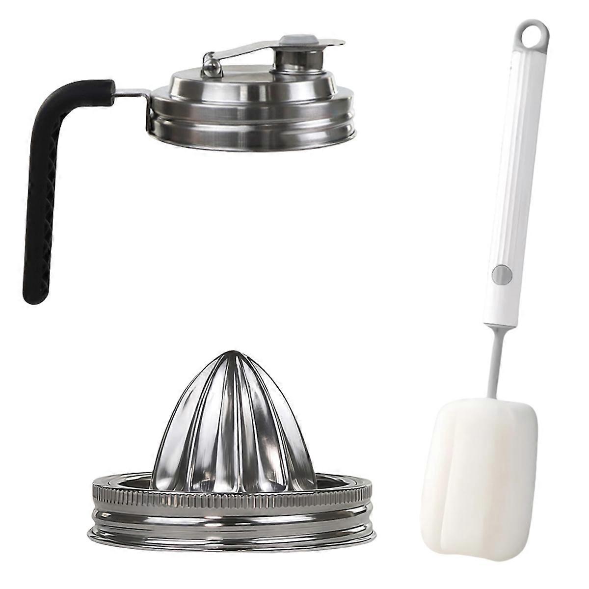 Stainless Steel MasonJar Pour Spout & Juicer Lid, Leaking Proof Flip Cap with Handle, Citrus Reamer for Wide Mouth Jars