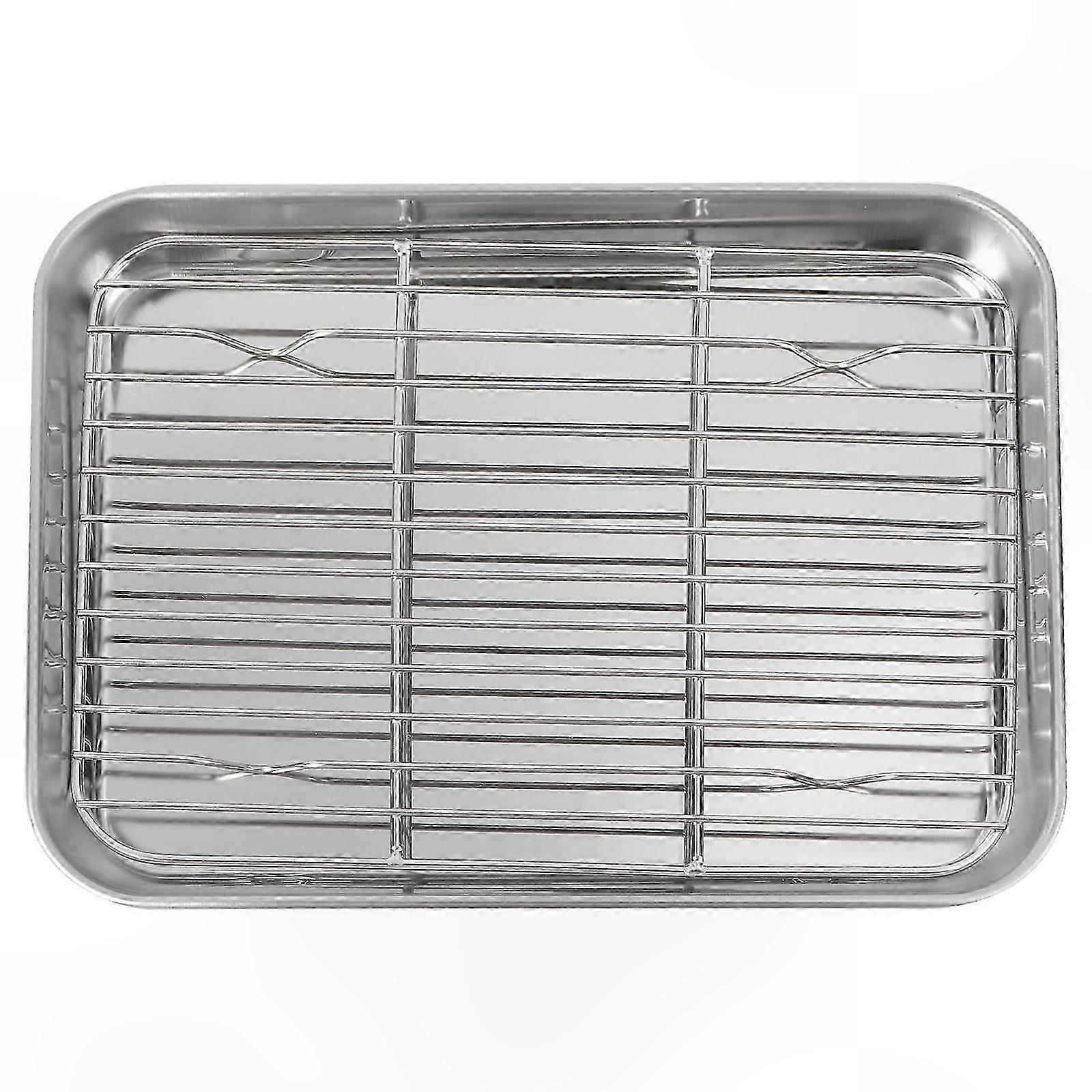 2-Piece Set Rectangular Oven Tray with Drain Grid and Removable Rack, Stainless Steel Baking Sheet for Cooling and Grease Management (23x17x2.5 cm)
